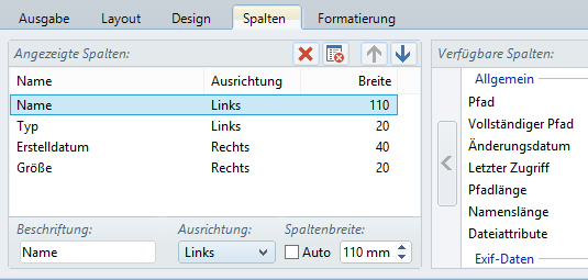 in Dateiliste enthaltene Spalten wählen